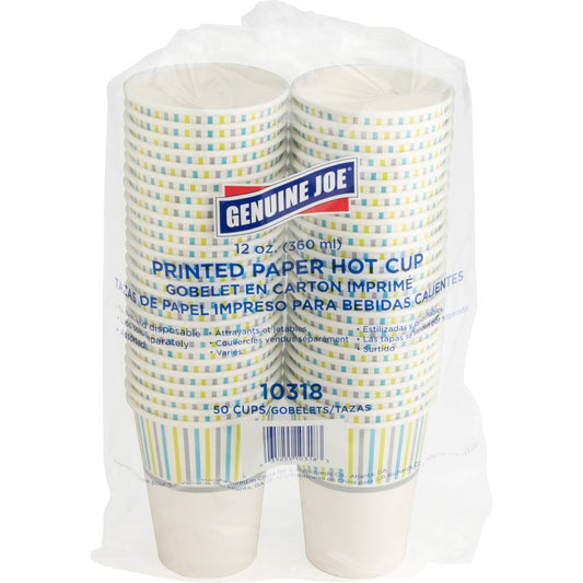 Genuine Joe 12 oz Hot Beverage Cups - 12 fl oz - Assorted - Paper - Hot Chocolate, Cappuccino, Tea, Coffee, Beverage - 50 / Pack