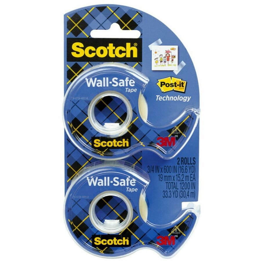 Scotch Wall-Safe Tape - 18.06 yd Length x 0.75" Width - Translucent - Dispenser Included - 1 Pack