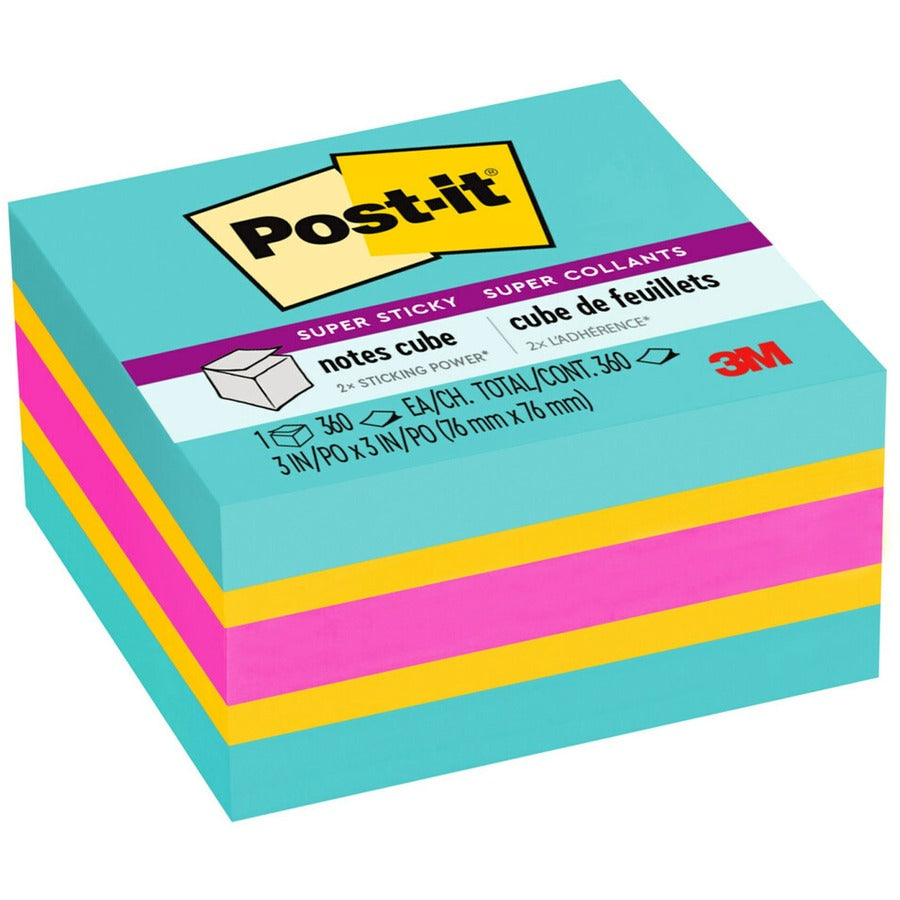 Post-it&reg, Super Sticky Notes Cube - 3" Flag/Note Width x 3" Flag/Note Length - Square - 360 Sheets per Pad - Aqua Splash, Sunnyside, Power Pink - Paper - Sticky, Recyclable - 1 Pack