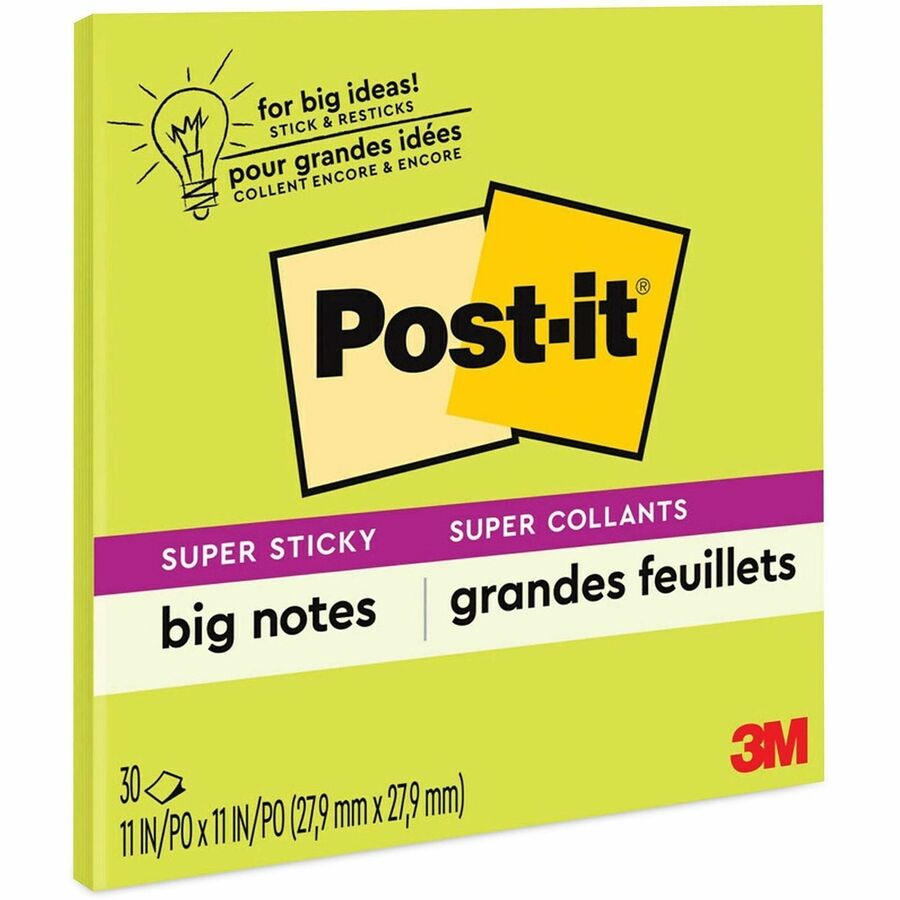 Post-it&reg, Super Sticky Big Notes - 30 x Green - 11" Flag/Note Width x 11" Flag/Note Length - Square - 30 Sheets per Pad - Green - Sticky, Removable - 1 Each