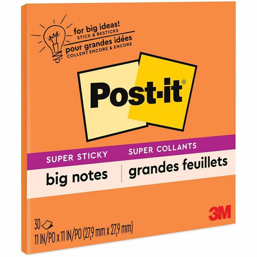 Post-it&reg, Super Sticky Big Note - 30 x Orange - 11" Flag/Note Width x 11" Flag/Note Length - Square - 30 Sheets per Pad - Orange - Sticky, Removable - 1 Each