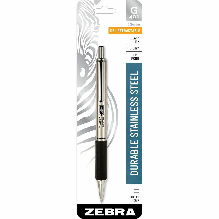 Zebra STEEL 4 Series G-402 Retractable Gel Pen - Retractable - Black Ink - Gel-based - Stainless Steel Barrel - 1 Each