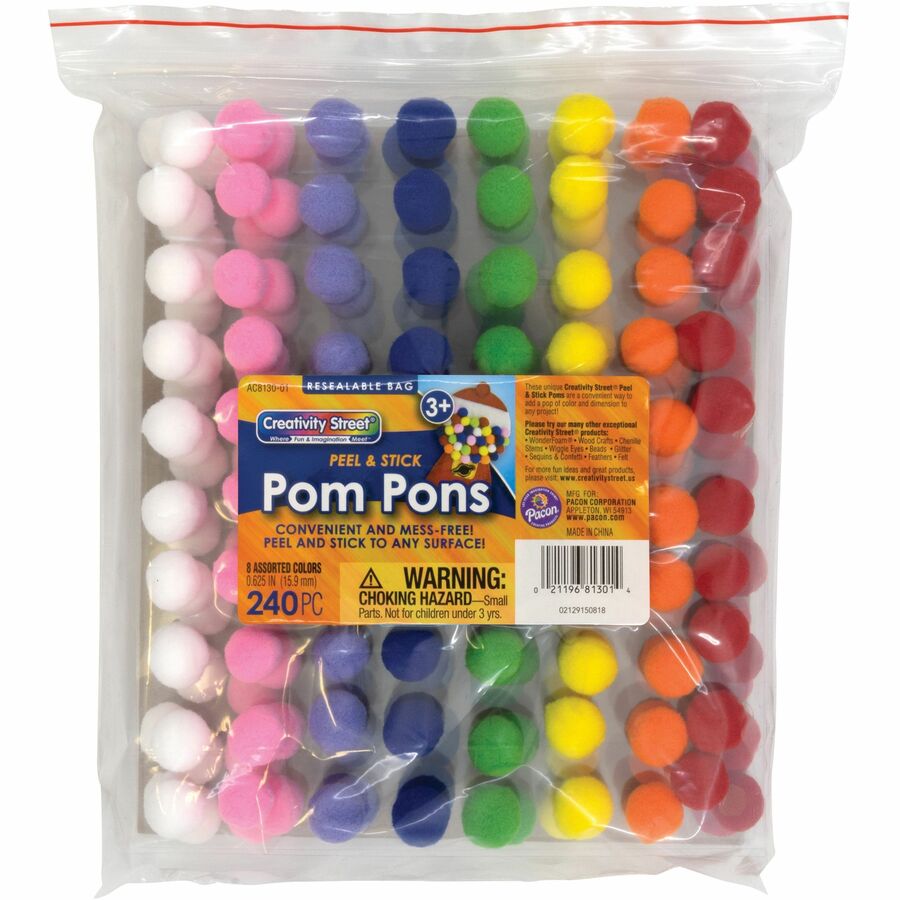 Creativity Street Peel-n-Stick Pom Pons - Project - 11.75" Height x 1.50" Width x 9.25" Length - White, Pink, Purple, Blue, Yellow, Orange, Green, Red - Plush - 240 / Pack