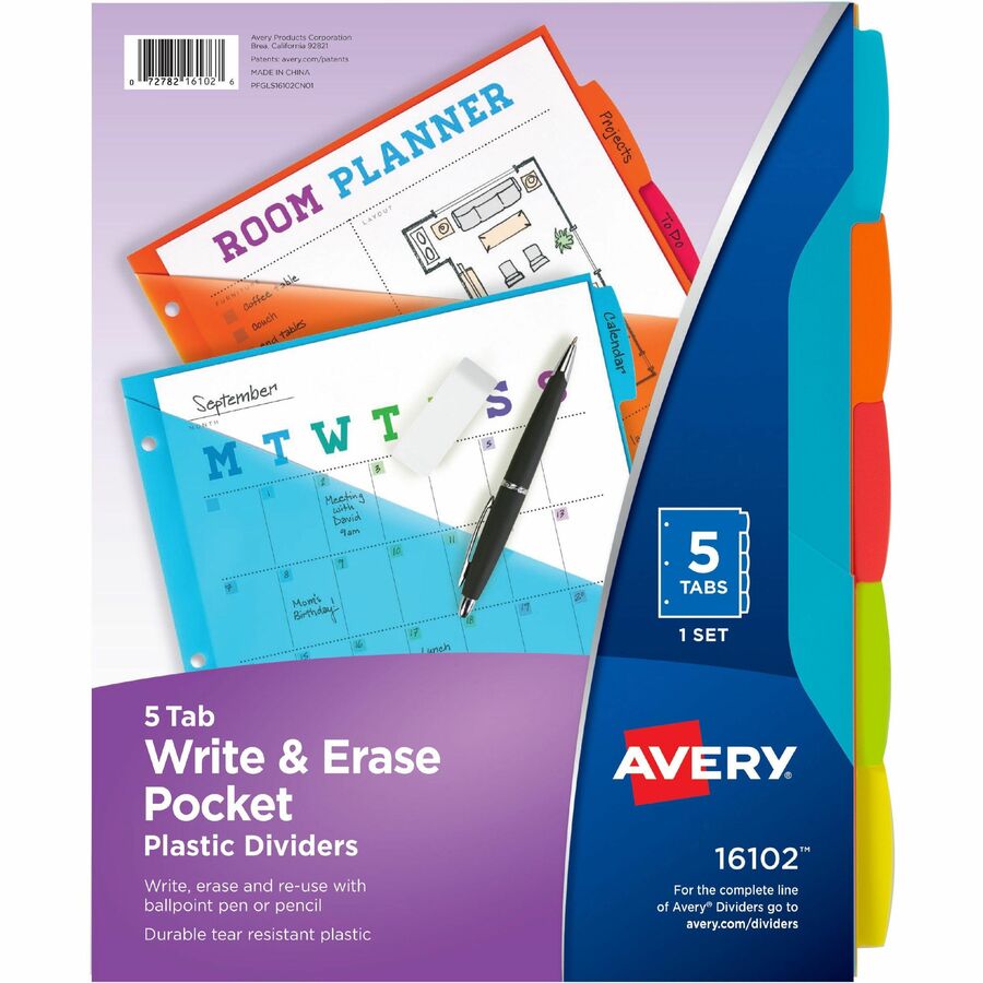 Avery Write & Erase Durable Plastic Dividers with Pocket - 5 x Divider(s) - 5 Write-on Tab(s) - 5 Tab(s)/Set - 9.3" Divider Width x 11.25" Divider Length - 3 Hole Punched - Multicolor Plastic Divider - Multicolor Plastic Tab(s) - Pocket, Writable, Eras...