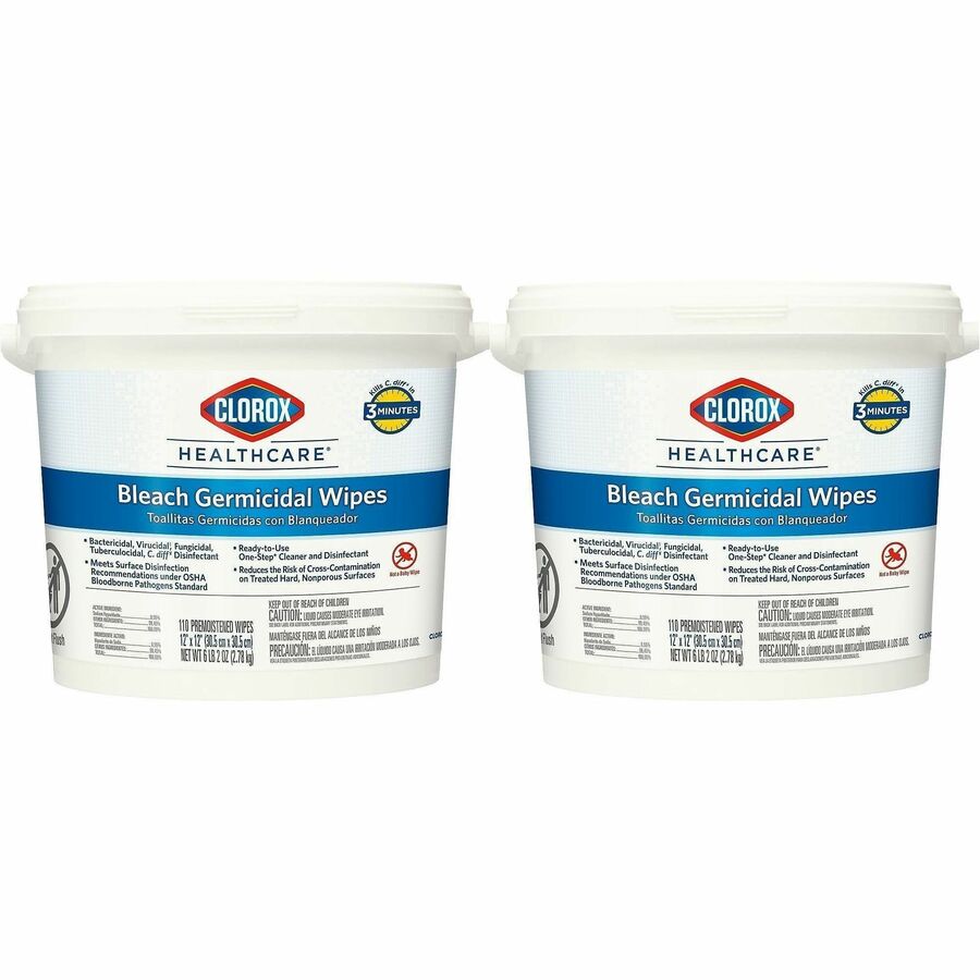 Clorox Healthcare Bleach Germicidal Wipes Bucket - For Multi Surface, Multipurpose - Ready-To-Use - Wipe - 12" Length x 12" Width - Recommended For: Bacteria Remover, Spore Remover, Virus Remover, Fungi Remover - Anti-corrosive, Antibacterial - White...