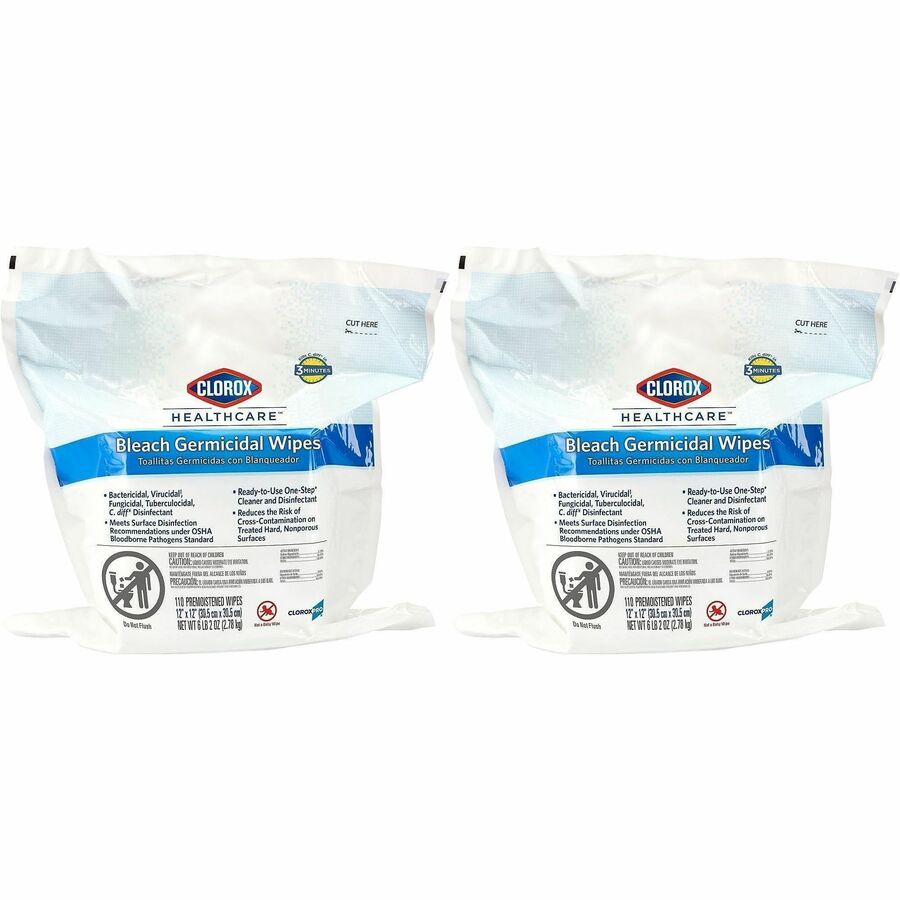 Clorox Healthcare Bleach Germicidal Wipes Bucket Refill - Ready-To-Use - 12" Length x 12" Width - Anti-corrosive - White - 110/Tub - 2 / Pallet