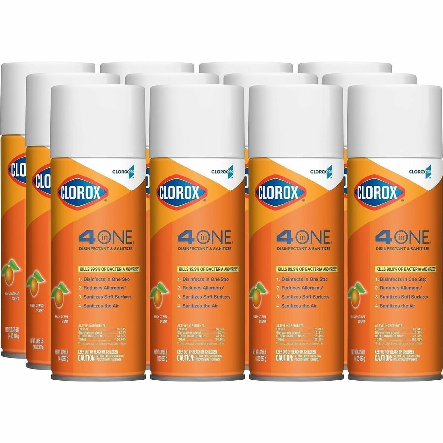 CloroxPro™, 4 in One Disinfectant & Sanitizer - 14 fl oz (0.4 quart) - Fresh Citrus Scent - Deodorize, Disinfectant, Antibacterial - Orange - 133 / Pallet