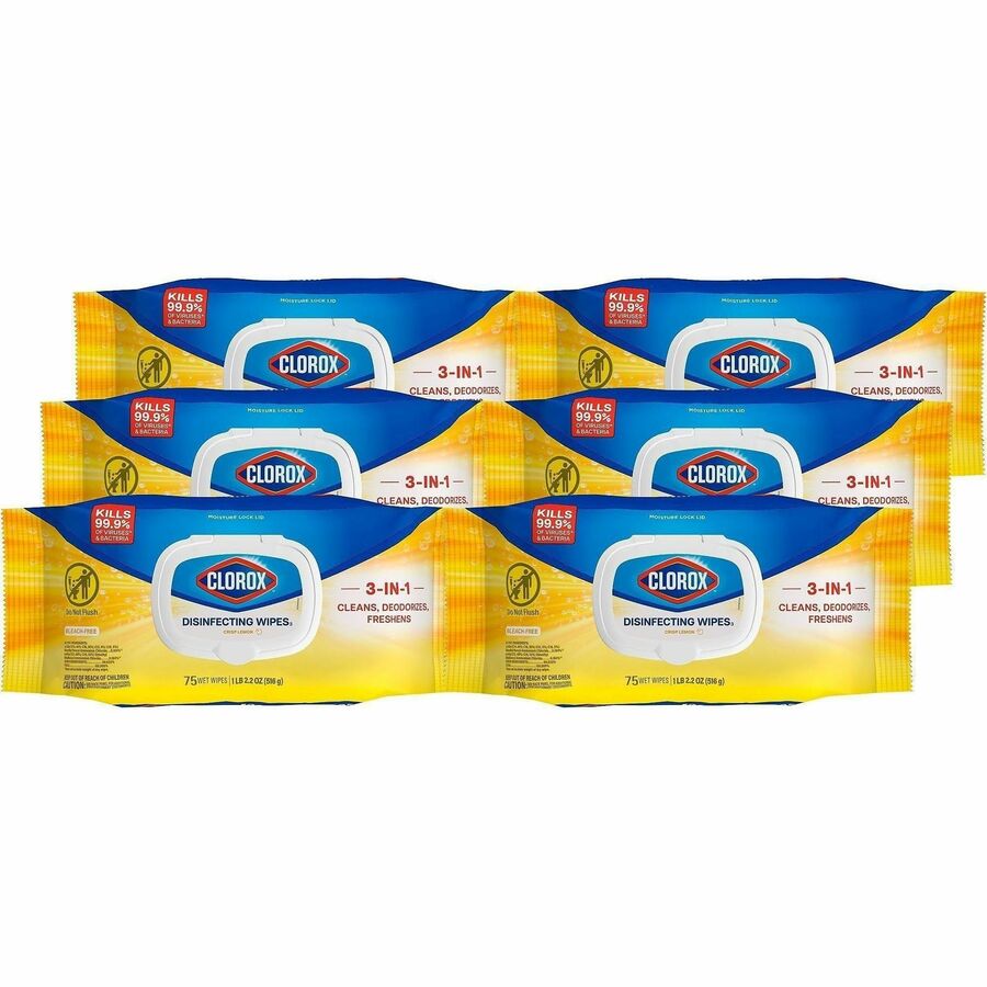 Clorox Disinfecting Cleaning Wipes Flex Pack - For Multi Surface, Multipurpose - Wipe - Crisp Lemon Scent - Recommended For: Bacteria Remover, Grease Remover, Soap Scum Remover, Grime Remover, Virus Remover - Bleach-free, Antibacterial - White - 75/Pac...