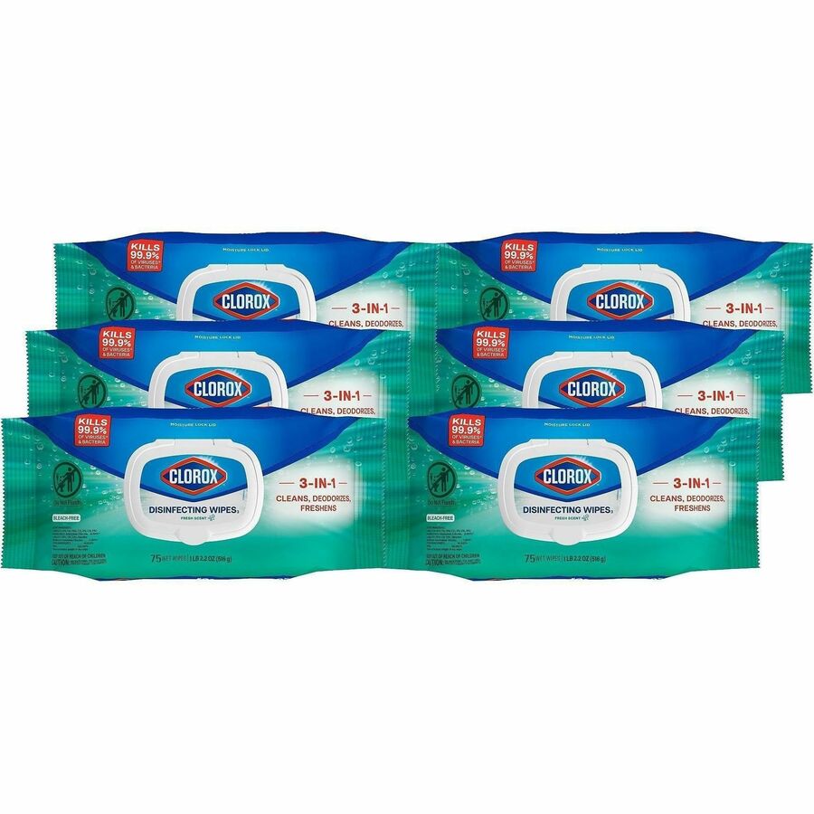 Clorox Disinfecting Cleaning Wipes Flex Pack - For Multi Surface, Multipurpose - Wipe - Fresh Scent - Recommended For: Bacteria Remover, Virus Remover, Grease Remover, Soap Scum Remover, Grime Remover - Bleach-free, Antibacterial - White - 75/Pack - 2...