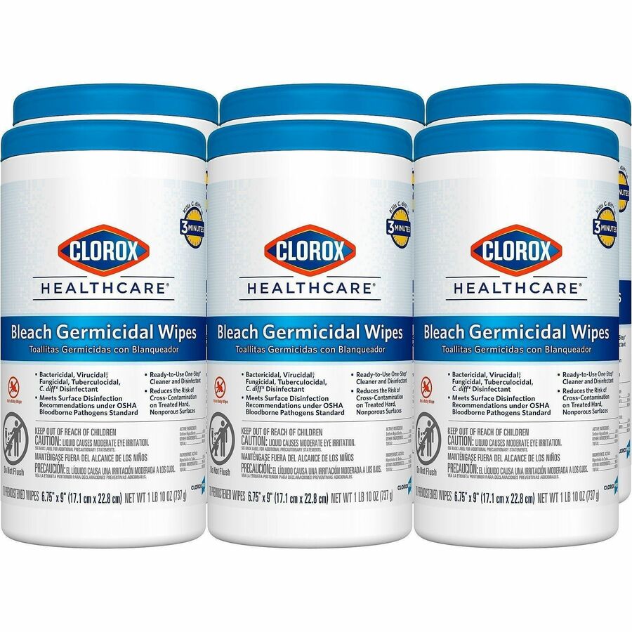 Clorox Healthcare Bleach Germicidal Wipes - Ready-To-Use - 9" Length x 6.75" Width - Anti-corrosive, Antibacterial - White - 70/Tub - 75 / Pallet