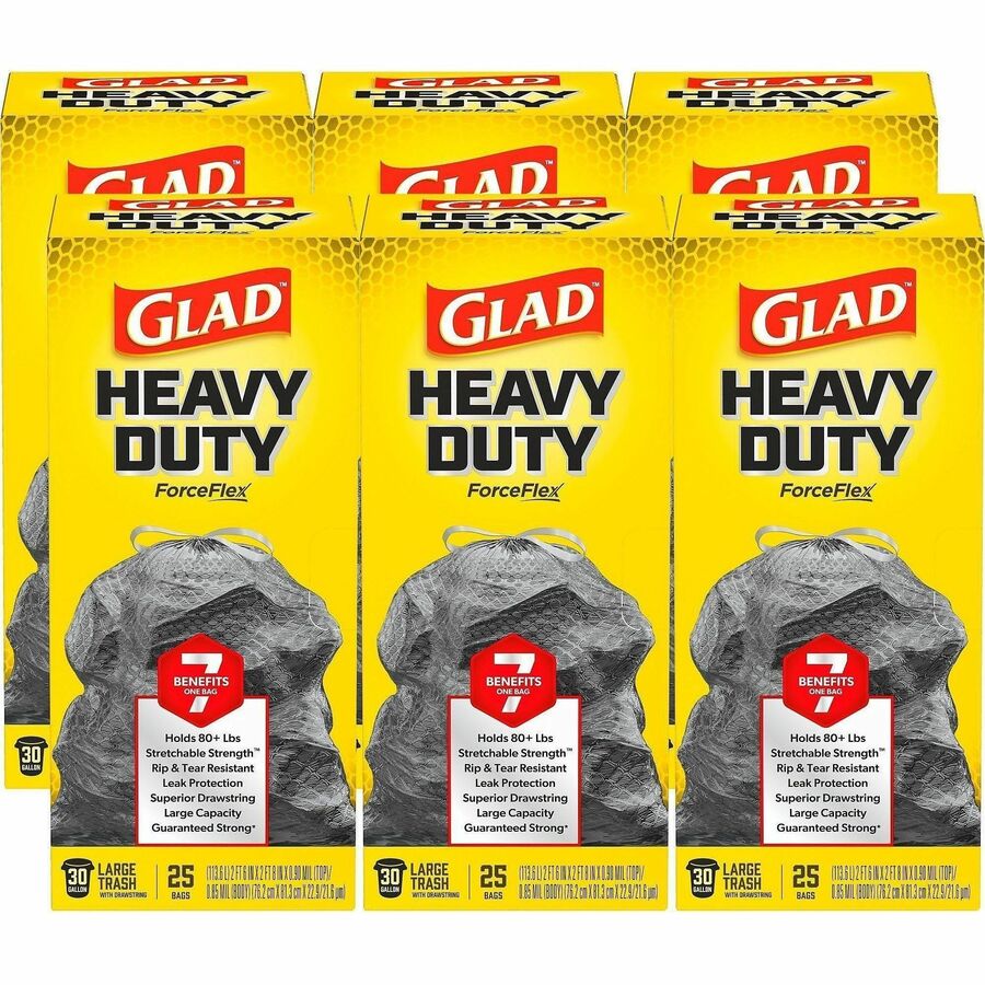 Glad ForceFlex Heavy-Duty Large Drawstring Trash Bags - Large Size - 30 gal Capacity - 0.90 mil (23 Micron) Thickness - Drawstring Closure - Black - Home, Office, Can - 25/Box - 6 / Carton
