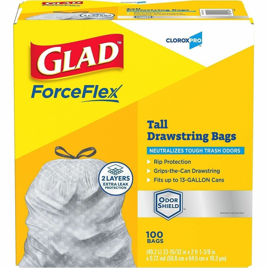 CloroxPro™, Glad&reg, ForceFlex Tall Kitchen Drawstring Trash Bags - 13 gal Capacity - 0.90 mil (23 Micron) Thickness - Drawstring Closure - Gray - Kitchen, Can, Office, Breakroom, School, Restaurant, Commercial, Cafeteria - 100/Box - 78 / Bundle