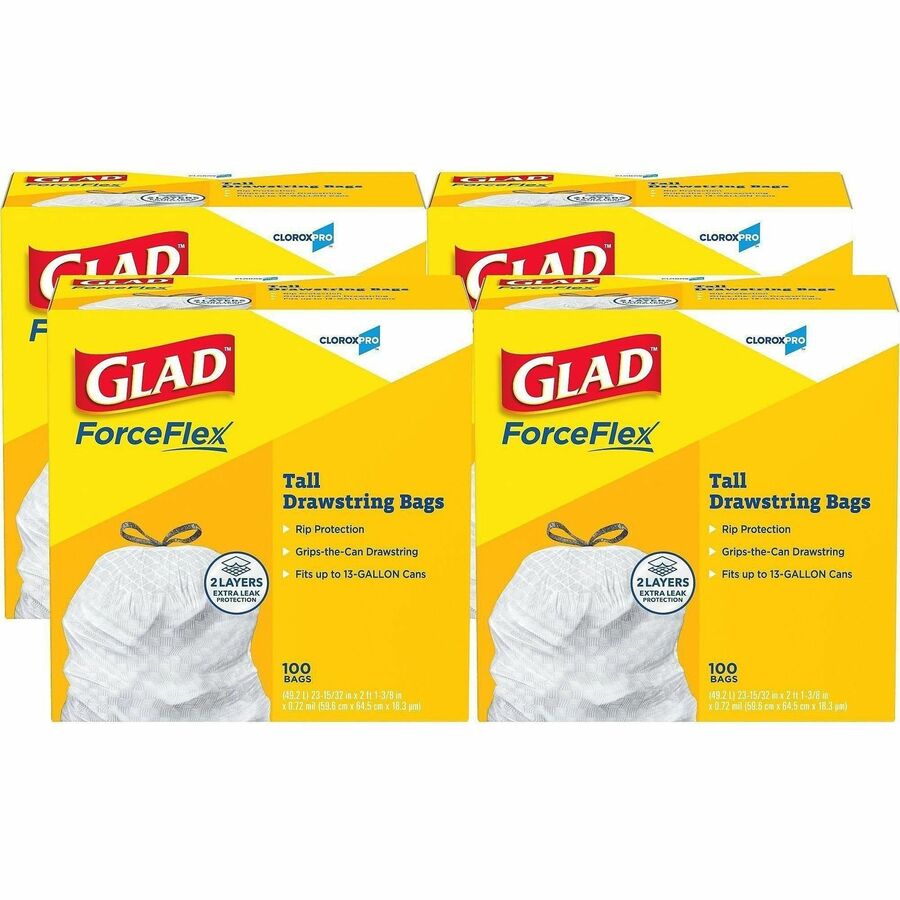 Glad ForceFlex Tall Kitchen Drawstring Trash Bags - 13 gal Capacity - 27" Length x 24" Width x 0.72 mil (18 Micron) Thickness - Drawstring Closure - White - Plastic - Kitchen, Office, Day Care, Restaurant, School - 100/Box - 2 / Pallet