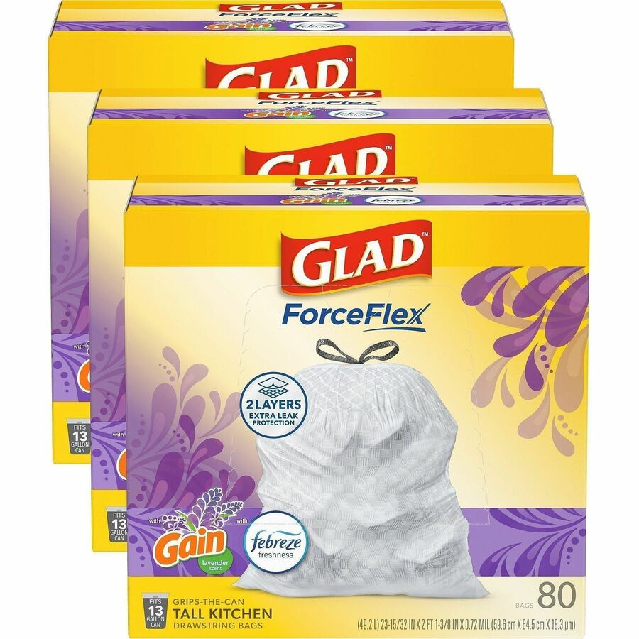 Glad ForceFlex Tall Kitchen Drawstring Trash Bags - Gain Lavender with Febreze Freshness - 13 gal Capacity - 27.36" Length x 24.02" Width x 0.78 mil (20 Micron) Thickness - Drawstring Closure - White - Kitchen, Garbage, Office - 80/Box - 2 / Pallet