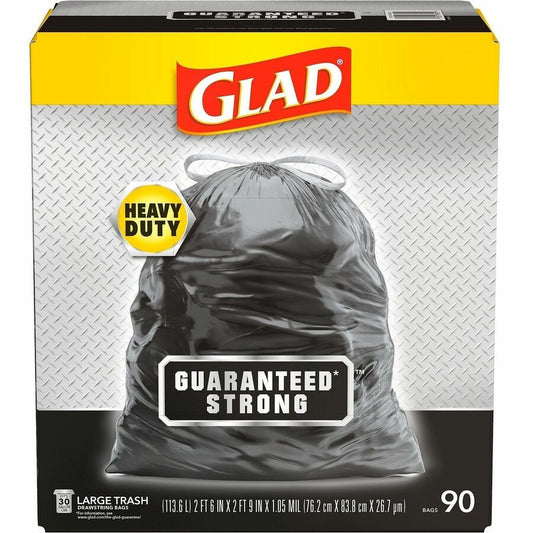 Glad Strong Large Drawstring Trash Bags - Large Size - 30 gal Capacity - 32.99" Length x 30" Width x 1.05 mil (27 Micron) Thickness - Drawstring Closure - Black - Plastic - Garbage, Indoor, Outdoor - 90/Box - 2 / Pallet