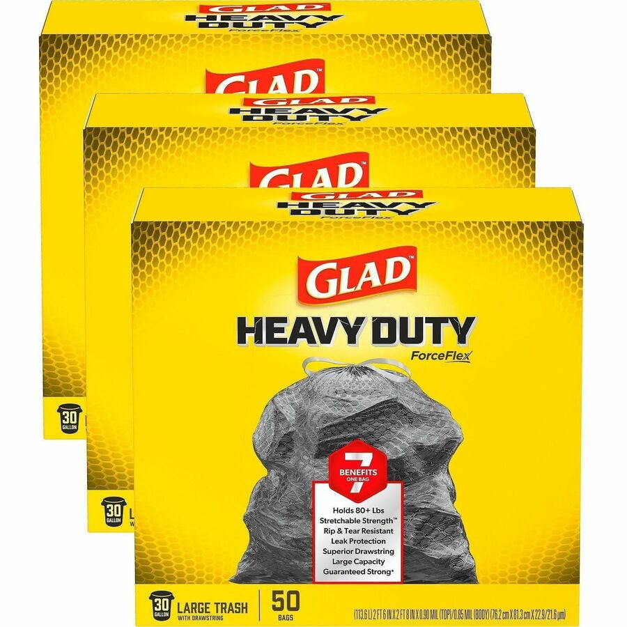 Glad ForceFlex Heavy-Duty Large Drawstring Trash Bags - Large Size - 30 gal Capacity - 32.01" Length x 30" Width x 0.90 mil (23 Micron) Thickness - Drawstring Closure - Black - Garbage, Indoor, Outdoor, Home, Office, Restaurant, Commercial - 50/Box - 2...