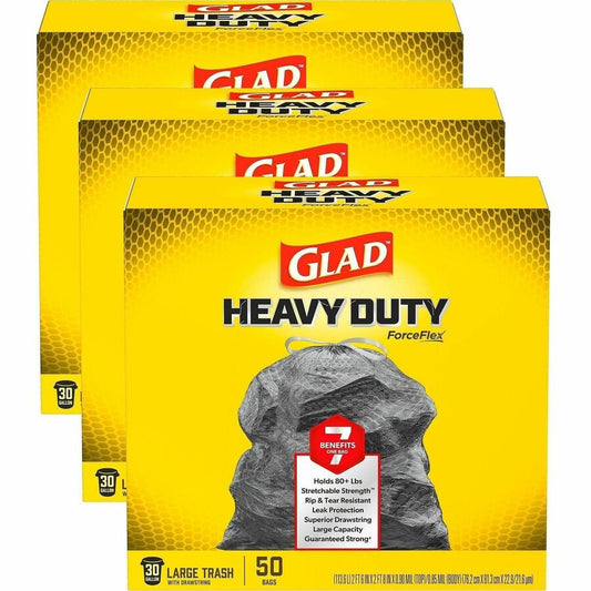 Glad ForceFlex Heavy-Duty Large Drawstring Trash Bags - Large Size - 30 gal Capacity - 32.01" Length x 30" Width x 0.90 mil (23 Micron) Thickness - Drawstring Closure - Black - Garbage, Indoor, Outdoor, Home, Office, Restaurant, Commercial - 50/Box - 2...