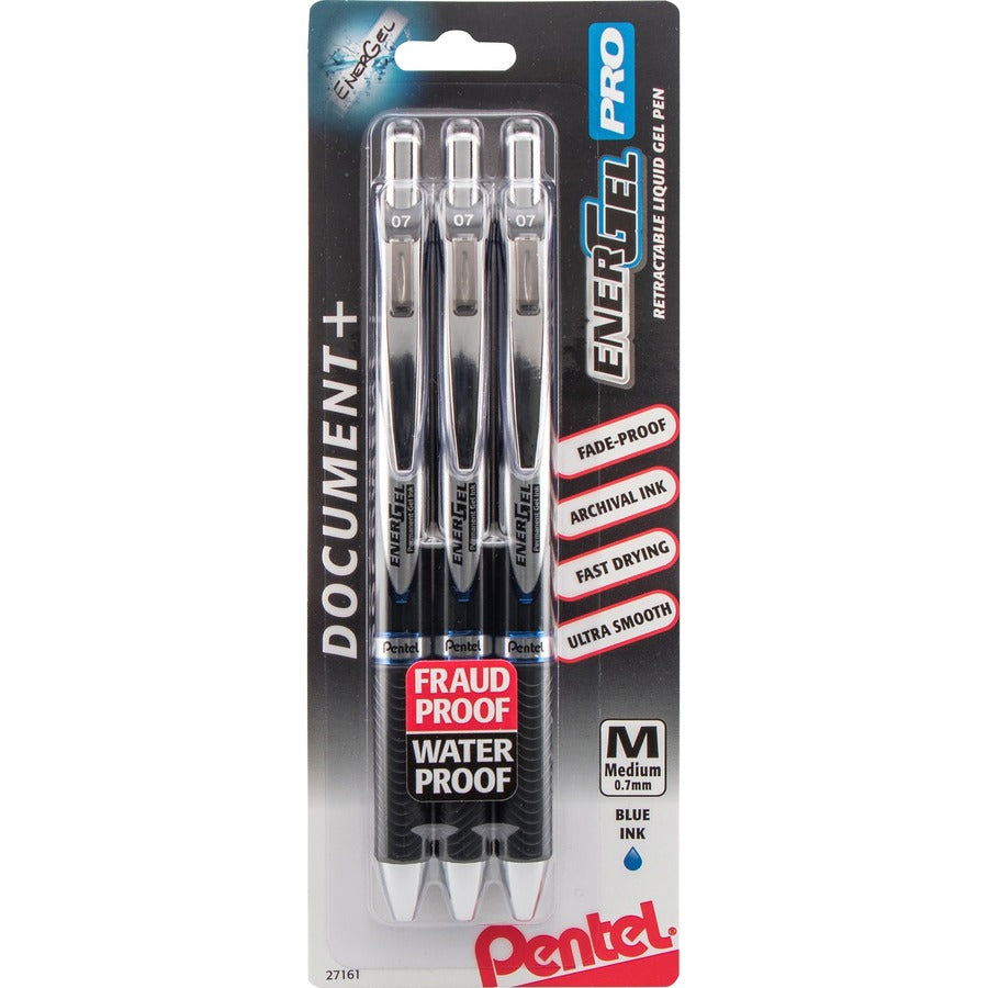 EnerGel PRO Retractable Liquid Gel Ink Pens - Refillable - Retractable - Blue Ink - Gel-based - Black Stainless Steel Barrel - Metal Tip - 3 / Pack
