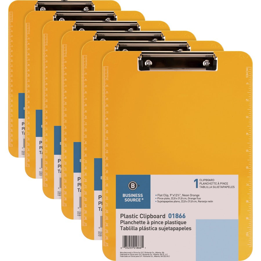 Business Source Flat Clip Clipboard - 9" x 12" Sheet Size - Plastic - Neon Orange - 6 / Bundle