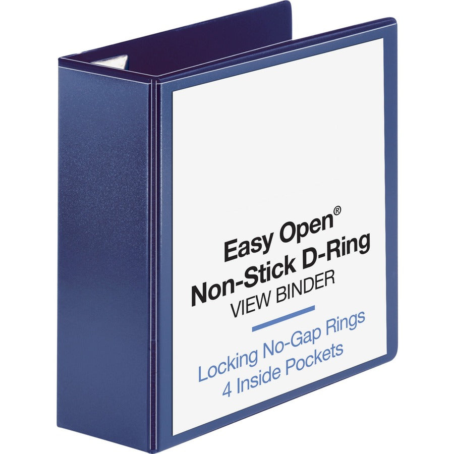 Business Source Easy Open Nonstick D-Ring View Binder - 4" Binder Capacity - Letter - 8 1/2" x 11" Sheet Size - Fastener: D-Ring - Pocket: 4 - Polypropylene - Navy - Non-stick - 1 Each