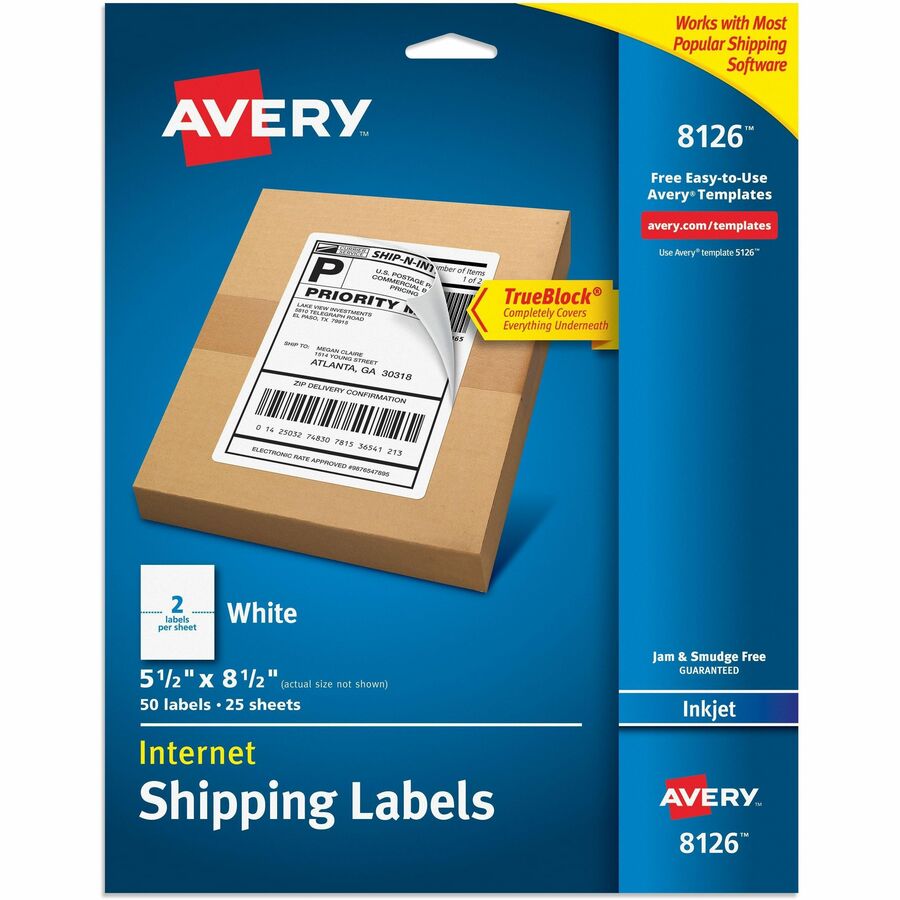 Avery&reg, White Rectangle Labels TrueBlock&reg, , 8�" x 5�" , for Laser and Inkjet Printers - 5 1/2" Width x 8 1/2" Length - Permanent Adhesive - Rectangle - Inkjet - Matte - White - Paper - 2 / Sheet - 25 Total Sheets - 50 Total Label(s) - 50 / Pack