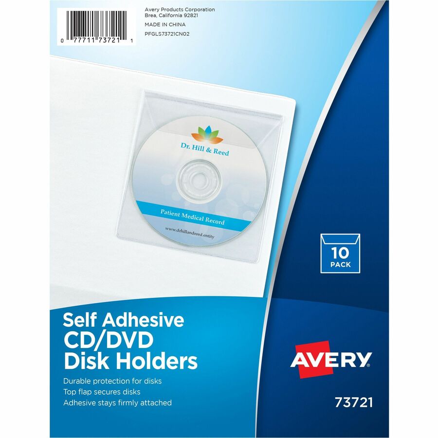 Avery&reg, Vinyl Self-Adhesive Media/CD/DVD Pockets - 10 x CD/DVD Capacity - Top Loading - Clear - Vinyl - 10 / Pack