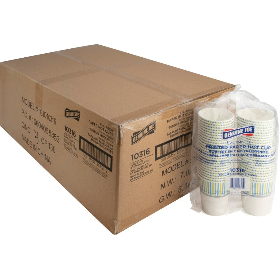 Genuine Joe 8 oz Hot Beverage Cups - 8 fl oz - Assorted - Paper - Hot Chocolate, Cappuccino, Tea, Coffee, Beverage - 50/Pack - 20 / Carton