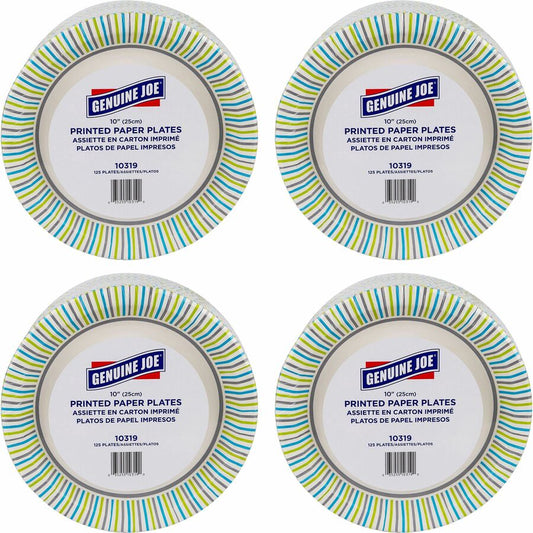 Genuine Joe 10" Printed Paper Plates - Disposable - 10" Diameter - Assorted - 125/Pack - 4 / Carton