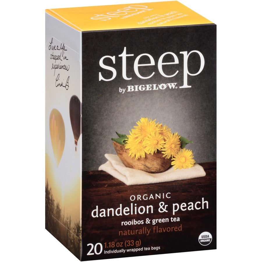Steep by Bigelow&reg, Organic Dandelion & Peach Rooibos & Green Tea Herbal Tea, Green Tea Bag - Herbal Tea, Green Tea - 1.2 oz - 20 Teabag - Caffeinated - GMO Free - Kosher - Organic - 20 / Box