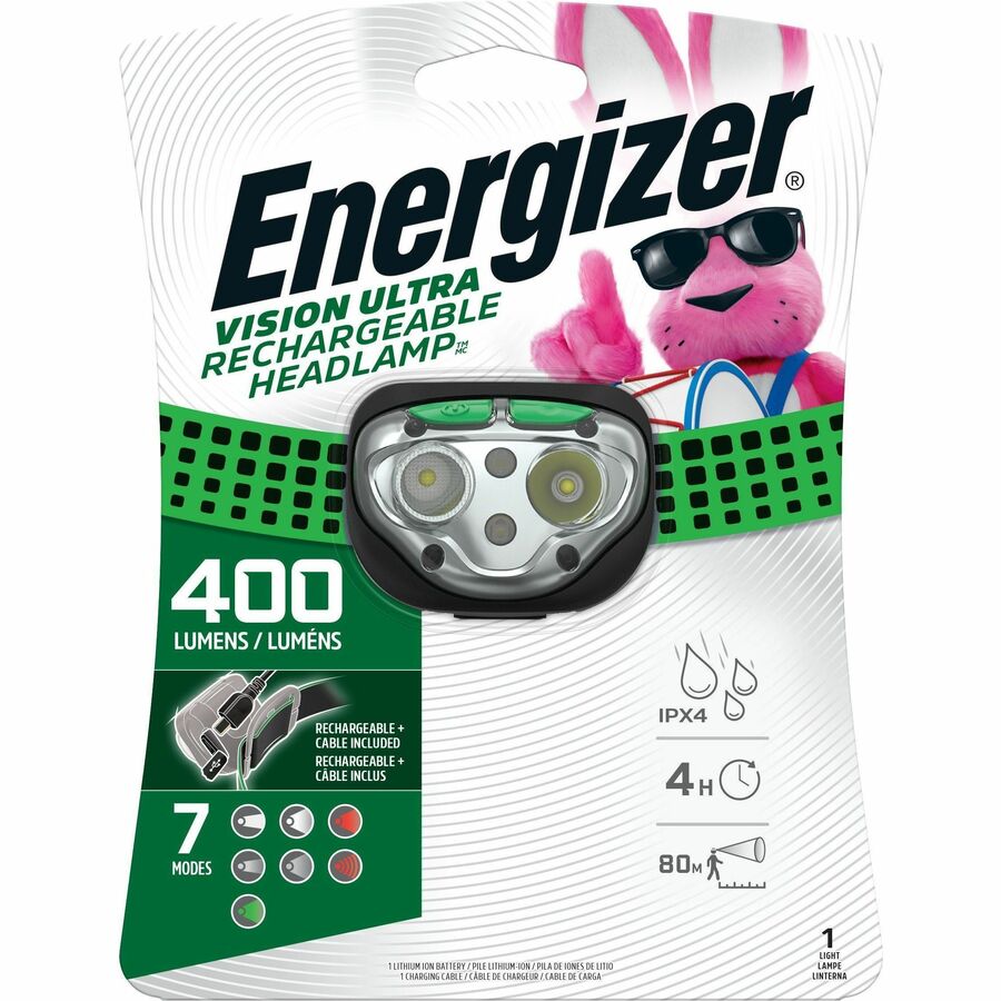 Energizer Vision Ultra HD Rechargeable Headlamp (Includes USB Charging Cable) - LED - 400 lm Lumen - Battery Rechargeable - Battery, USB - Water Resistant, Drop Resistant - Green - 1 Each