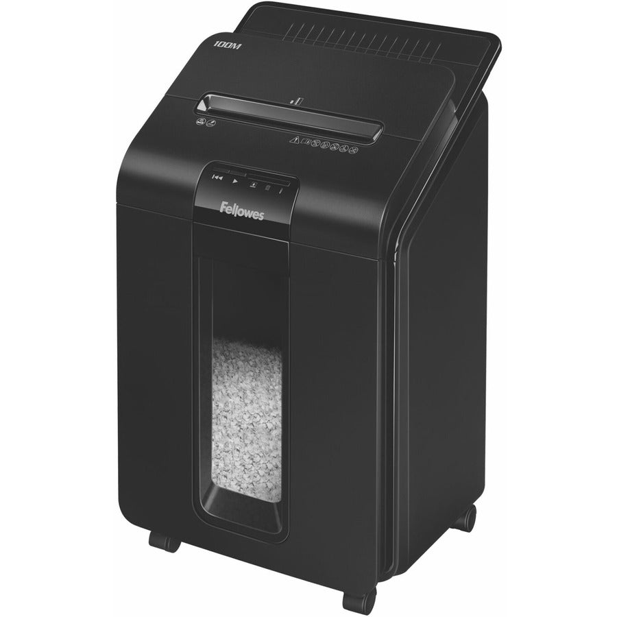 Fellowes AutoMax 100M Auto Feed Shredder - Non-continuous Shredder - Micro Cut - 100 Per Pass - for shredding Paper, Staples, Credit Card, Paper Clip - 0.156" x 0.391" Shred Size - P-4 - 8 ft/min - 8.62" Throat - 15 Minute Run Time - 6 gal Wastebin Cap...