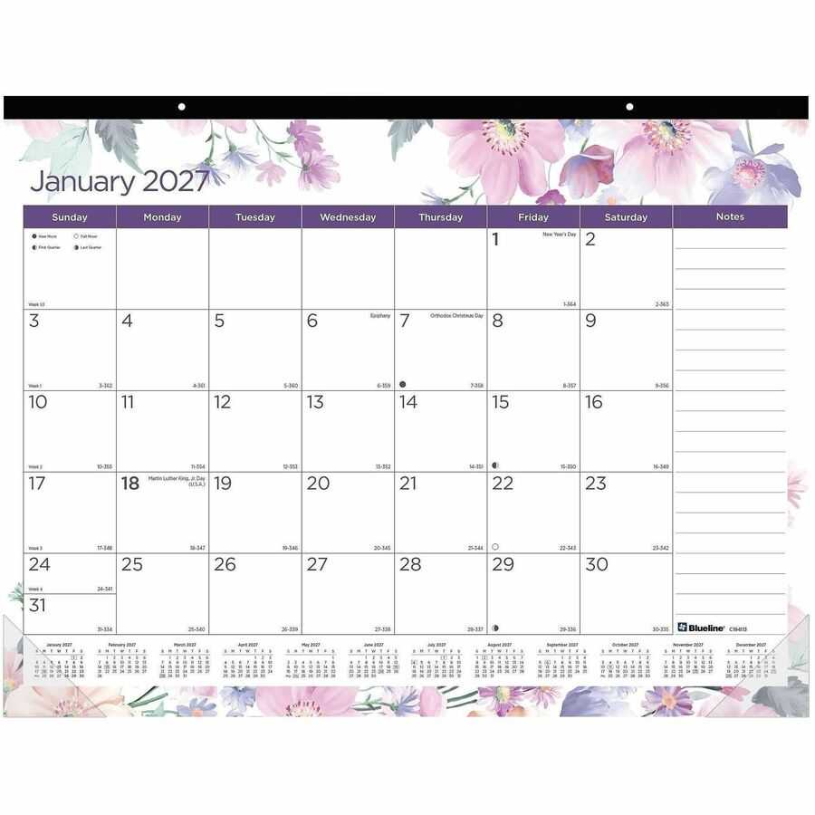 Blueline Passion Floral Desk Pad Calendar - Julian Dates - Monthly - 12 Month - January 2027 to December 2027 - 1 Month Single Page Layout - 22" x 17" Sheet Size - Desk Pad - Floral - Fiber - 1 Each