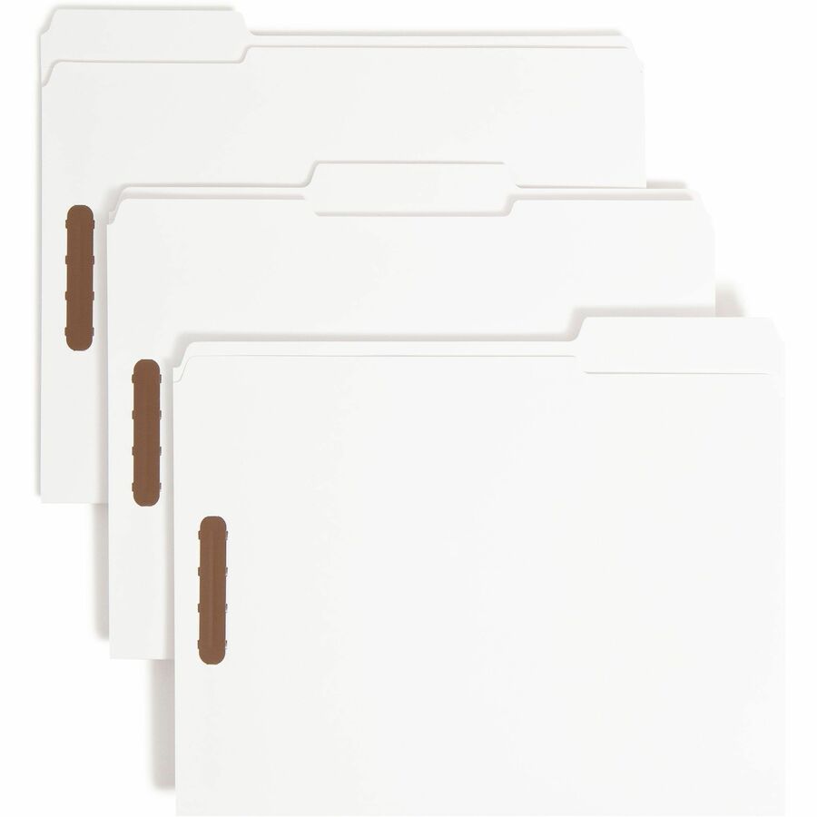 Smead 1/3 Tab Cut Letter Fastener Folder - 8 1/2" x 11" - 3/4" Expansion - 2 x Prong K Style Fastener - 2" Fastener Capacity - Assorted Tab Position - 11 pt. - White - Durable, Reinforced Tab - 10% Recycled - 50 / Box