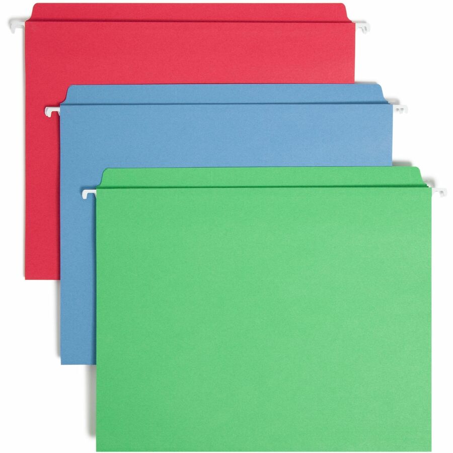 Smead FasTab Straight Tab Cut Letter Hanging Folder - 8 1/2" x 11" - Assorted Tab Position - 11 pt. - Blue, Green, Red - Labeling Area, Write-on Tab, Reinforced Tab, Coated Rod Tip - 10% Recycled - 18 / Box
