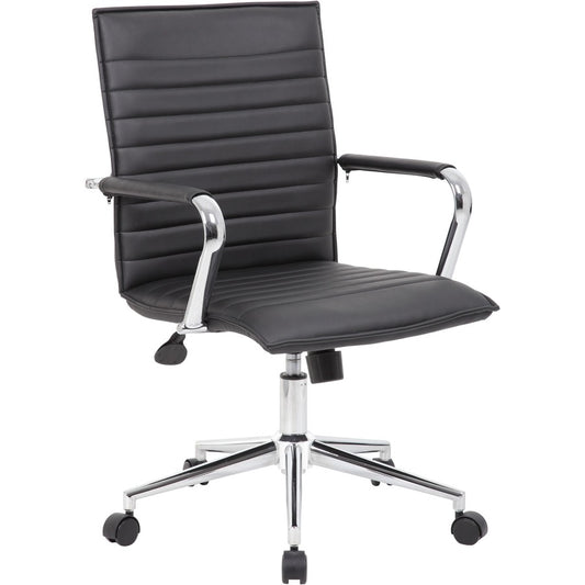 Boss Black Vinyl Hospitality Chair - Black Seat Color - Vinyl Seat Material - Black Back Color - Vinyl Back Material - Chrome Frame Color - 5-star Base - Armrest - 1 Each
