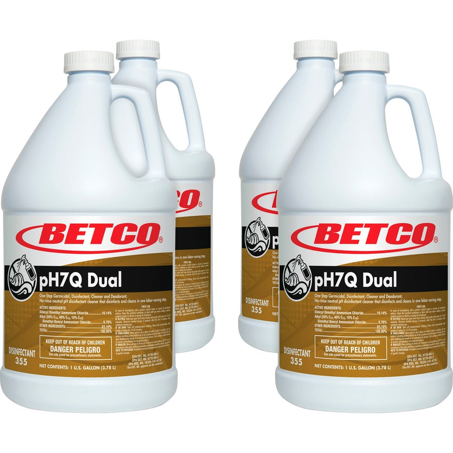 Betco pH7Q Dual Neutral Disinfectant Cleaner - Concentrate - 128 fl oz (4 quart) - Pleasant Lemon Scent - Deodorize, pH Neutral - Light Amber - 4 / Carton