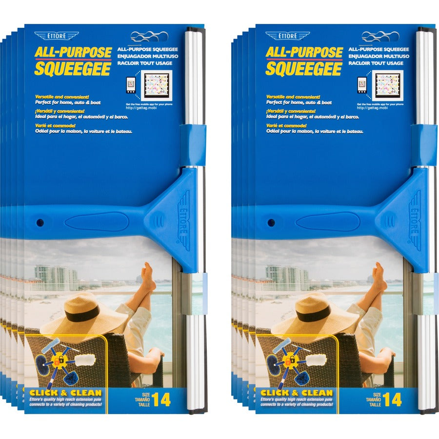 Ettore All-purpose Squeegee - Rubber Blade - Plastic Handle - 1.5" Height x 14" Width x 14" Length - Lightweight, Streak-free - Blue - 12 / Carton