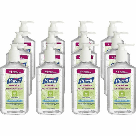 PURELL, Hand Sanitizer Gel - Fragrance-free Scent - 12 fl oz - Pump Bottle Dispenser - Kill Germs - Clear - 12 / Carton