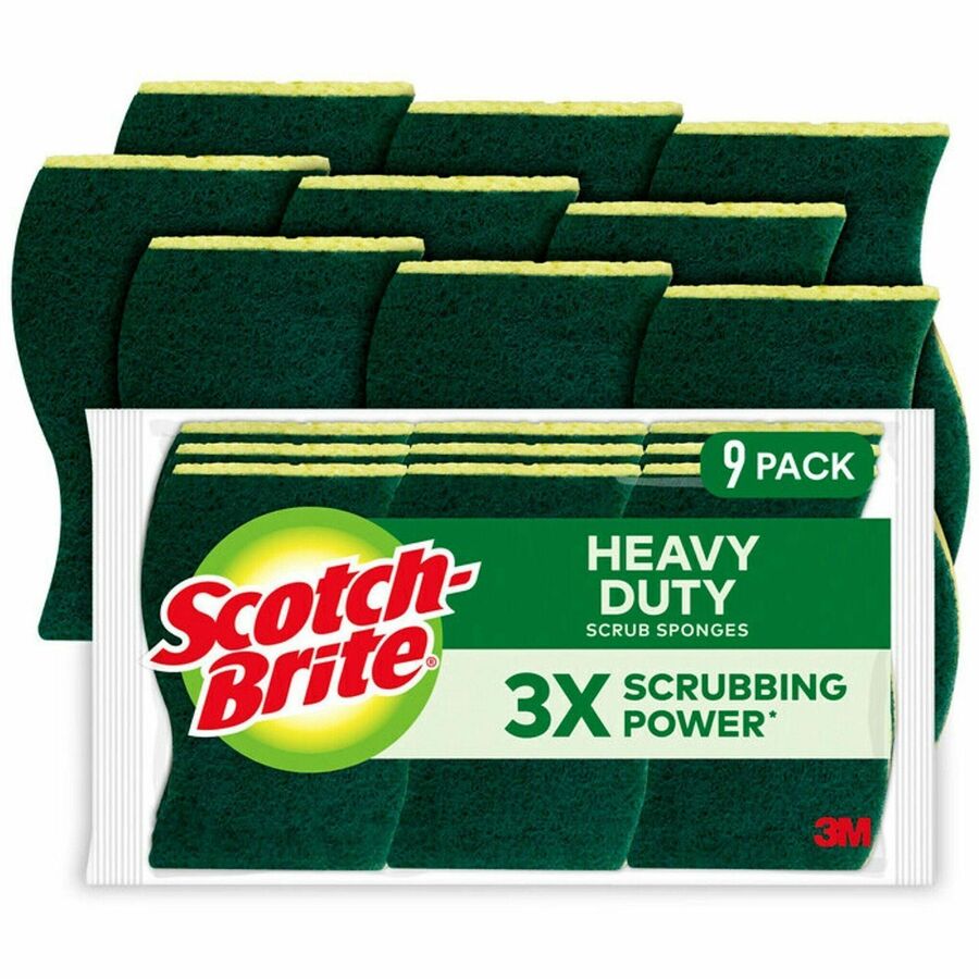 Scotch-Brite Heavy-Duty Scrub Sponges - 2.8" Height x 4.5" Width - 9/Pack - 5 / Carton - Yellow, Green
