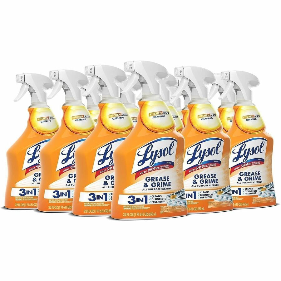 Lysol Kitchen Pro Antibacterial Cleaner - For Multi Surface - 22 fl oz (0.7 quart) - Fresh Citrus Scent - Recommended For: Stain Remover - Deodorize, Streak-free, Chemical-free, Disinfectant, Anti-bacterial, Residue-free - Clear - 9 / Carton