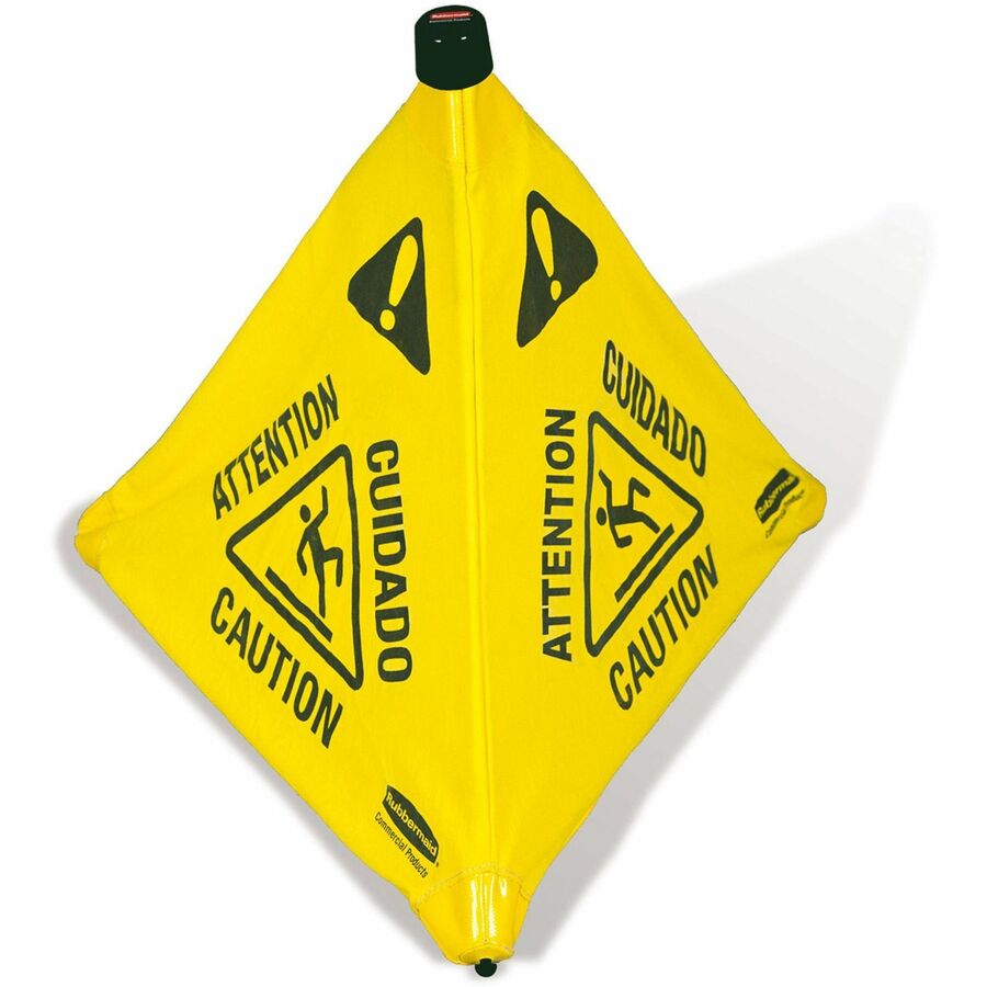 Rubbermaid Commercial 30" Pop-Up Caution Safety Cone - Print/Message "CAUTION" , "Attention" , "Cuidado" - 21" Width x 30" Height - Wall Mountable - Durable, Multilingual, Three-sided, Foldable - Yellow - 12 / Carton