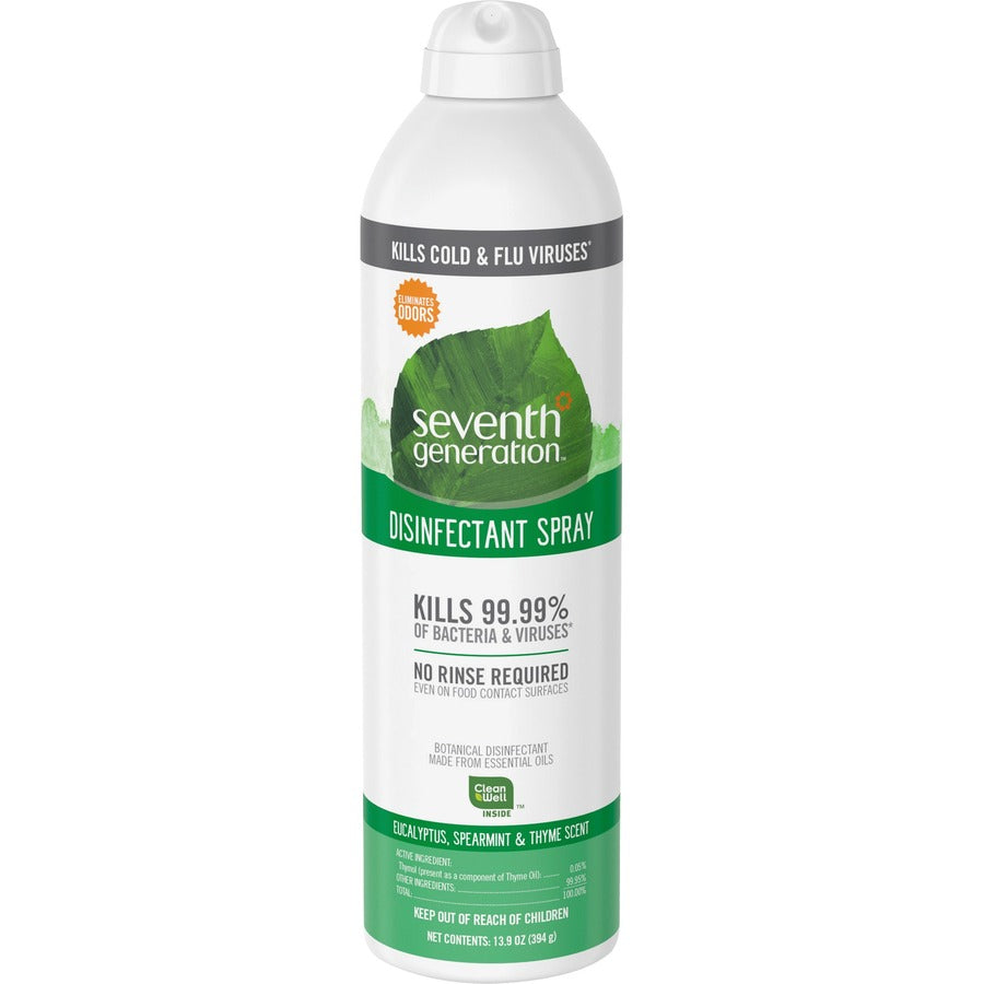 Seventh Generation Disinfectant Cleaner - For Day Care - 13.9 fl oz (0.4 quart) - Eucalyptus Spearmint & Thyme Scent - Non-flammable, Rinse-free, Antibacterial, Disinfectant - Clear - 8 / Carton