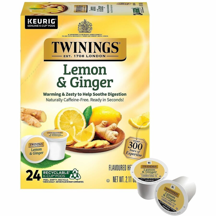 Twinings of London Lemon & Ginger Herbal Tea K-Cup - Herbal Tea - 24 Cup - Decaffeinated - 24 / Box