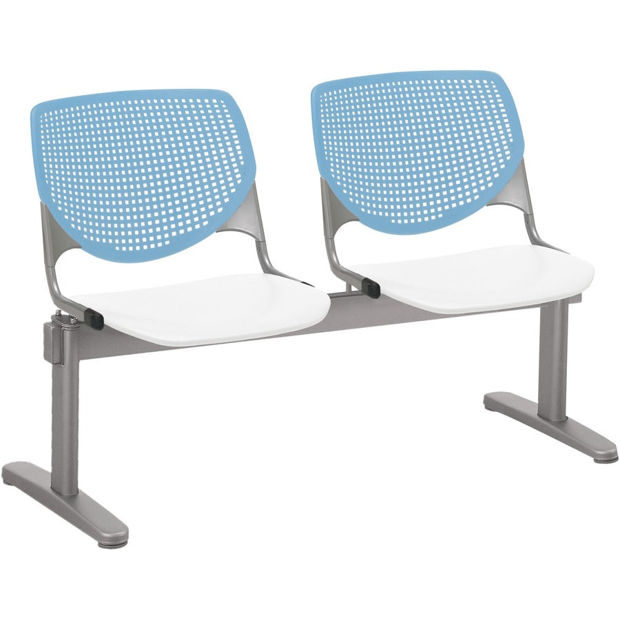 KFI Kool 2 Seat Beam Chair - White Seat Color - Polypropylene Seat Material - Sky Blue Back Color - Polypropylene, Aluminum Alloy Back Material - Powder Coated Silver Frame Color - Tubular Steel Frame Material - 1 Each