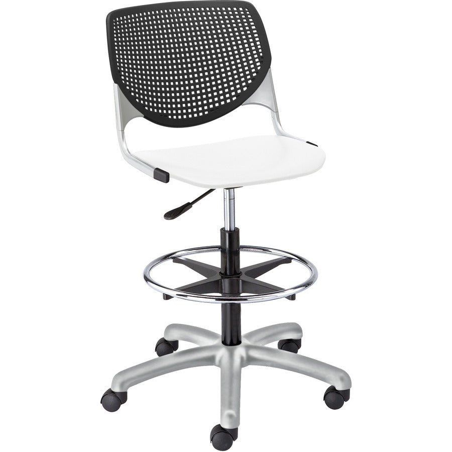 KFI Kool Stool With Perforated Back - White Seat Color - Polypropylene Seat Material - Black Back Color - Polypropylene, Aluminum Alloy Back Material - Powder Coated Silver Frame Color - Tubular Steel Frame Material - 5-star Base - 1 Each