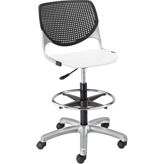 KFI Kool Stool With Perforated Back - White Seat Color - Polypropylene Seat Material - Black Back Color - Polypropylene, Aluminum Alloy Back Material - Powder Coated Silver Frame Color - Tubular Steel Frame Material - 5-star Base - 1 Each