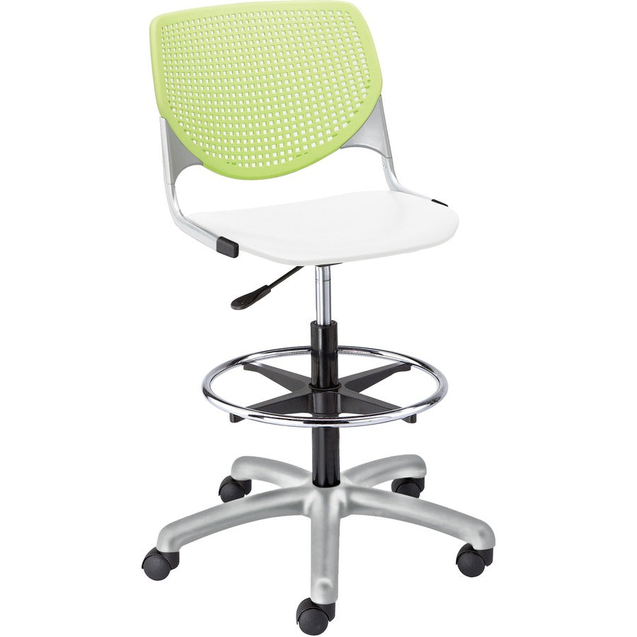 KFI Kool Stool With Perforated Back - White Seat Color - Polypropylene Seat Material - Lime Green Back Color - Polypropylene, Aluminum Alloy Back Material - Powder Coated Silver Frame Color - Tubular Steel Frame Material - 5-star Base - 1 Each
