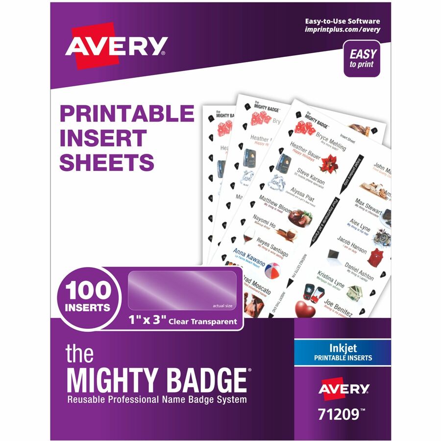 The Mighty Badge&reg, by Avery&reg, The Mighty Badge Printable Insert Sheets, 100 Clear Inserts, Inkjet - Letter - 11" - Printable, Non-adhesive, Reusable, Easy Peel - Clear - 5 Sheets - 100 / Pack