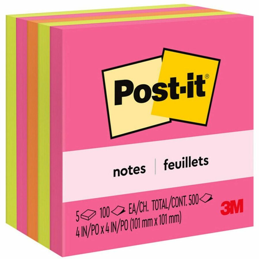 Post-it&reg, Notes - Poptimistic Color Collection - 4" Flag/Note Width x 4" Flag/Note Length - Square - 100 Sheets per Pad - Fuchsia, Neon Green, Neon Orange - Repositionable, Self-adhesive - 1 Pack