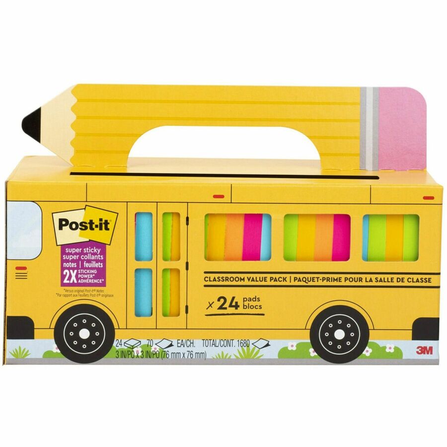 Post-it&reg, Super Sticky Notes Bus Cabinet Pack - 3" Flag/Note Width x 3" Flag/Note Length - Square - 70 Sheets per Pad - Iris, Electric Blue, Evergreen, Yellow, Candy Red - Sticky, Recyclable, Adhesive, Reusable - 1 Pack